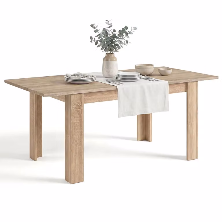 Mesa de comedor extensible Sira de DUEHOME en acabado roble con sistema butterfly leaf y diseño minimalista rectangular