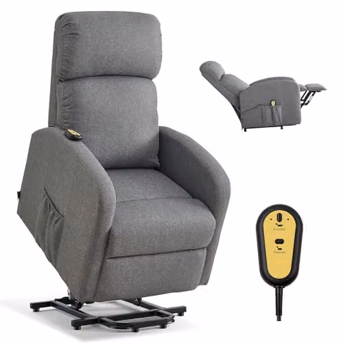 Sillón Relax Reclinable Eléctrico VEVOR con Función de Levantapersonas para Personas Mayores, Tapizado en Lino Gris Claro con Espuma de Alta Resiliencia y Bolsillos Laterales para Salón o Dormitorio