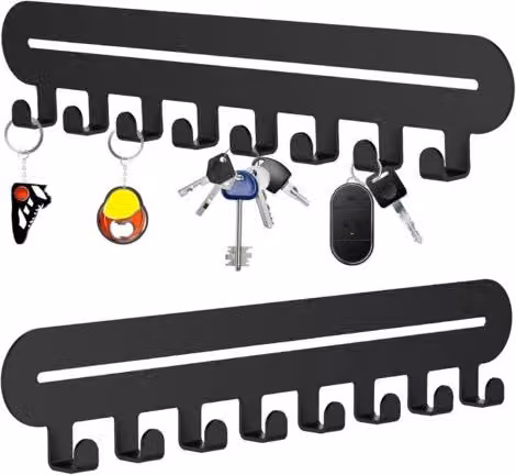 Set de 2 soportes para llaves de pared AIAILIKILL en metal color negro con 8 ganchos y sistema autoadhesivo