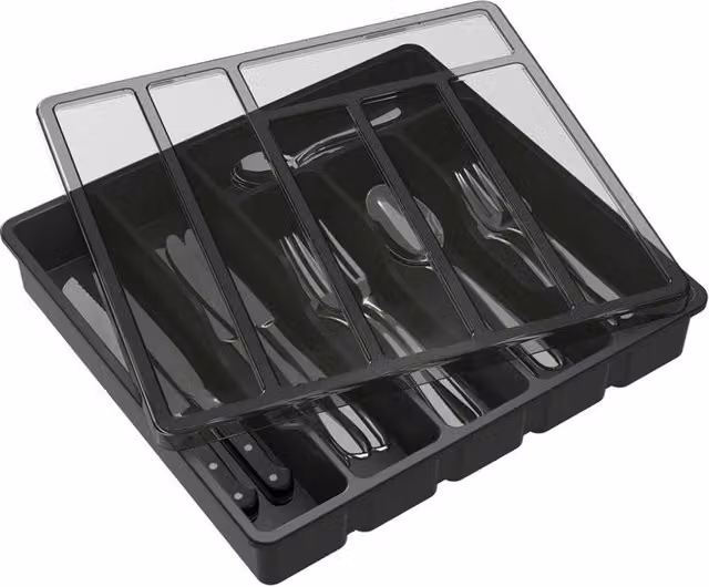 Organizador de cubiertos Tigrezy con tapa para cajones de cocina, caja de almacenamiento de plástico con 6 compartimentos, negro y transparente, An/P/Al: 32 x 30 x 5,4 cm