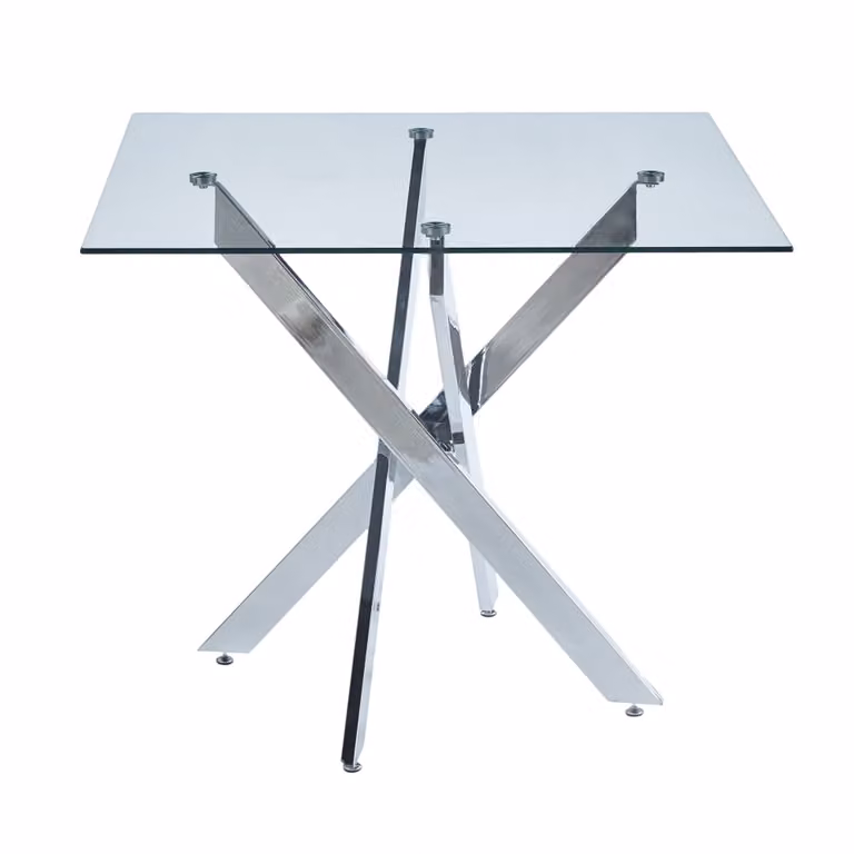 Mesa de comedor moderna MODFU de vidrio y metal con patas en X de color plata, An/P: 80 x 80 cm
