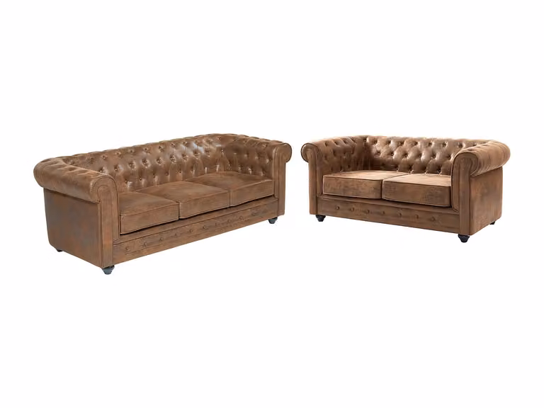Sofá Chesterfield de microfibra con acabado de piel envejecida VENTE-UNIQUE en color marrón