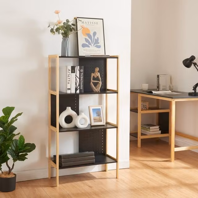 Librería dønna de 4 niveles en MDF de en.casa, color negro y madera, An/P/Al: 120 x 28 x 63 cm