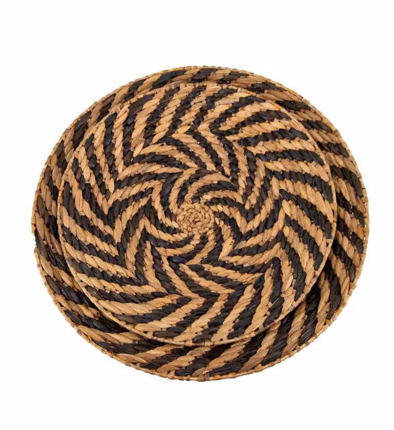 Set de 2 decoraciones de pared abstractas y geométricas MOYCOR de ratán en colores beige y negro, Diámetro: 60 cm