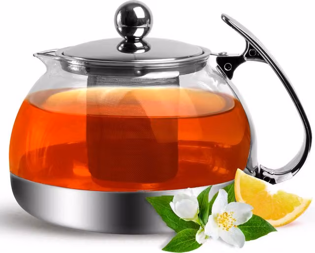 Tetera Deuba de vidrio transparente y acero inoxidable con infusor y pico antigoteo, 1,2 l
