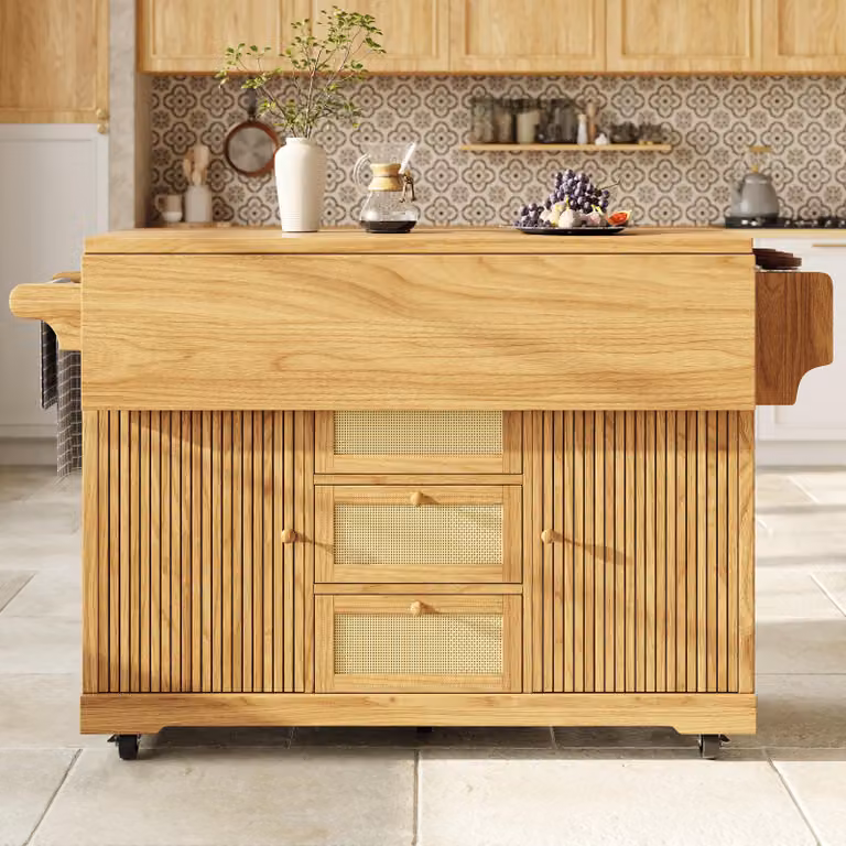Carrito de servicio MODFU con mesas plegables y cajones de ratán de polietileno, isla de cocina con espacio de almacenamiento, color marrón natural y beige, 95 cm