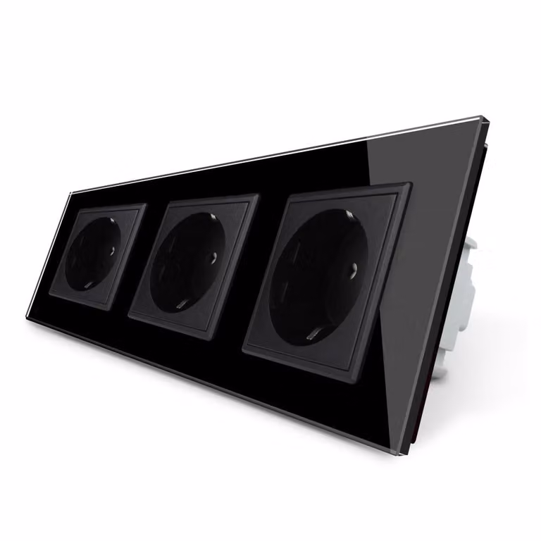 Enchufe triple tipo Schuko Livolo de cristal negro para empotrar de 16A