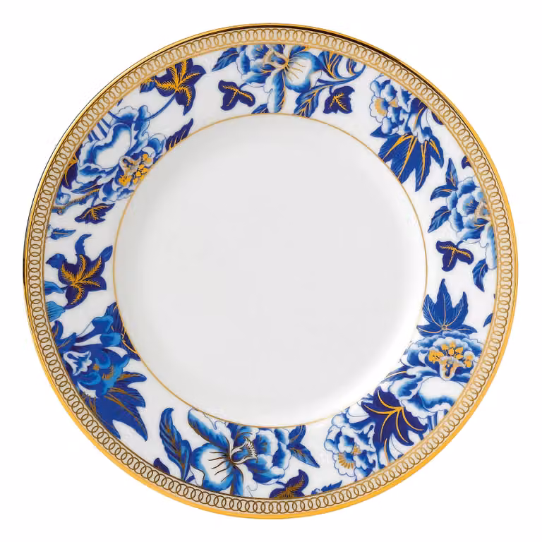 Plato de pan Wedgwood Hibiscus con diseño floral en porcelana blanca, azul y oro, Diámetro: 15 cm