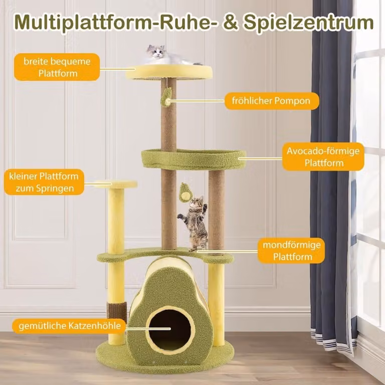 Árbol para gatos Northix multicolor con cueva, juguetes integrados y sisal reemplazable, An/P/Al: 59 x 59 x 125 cm