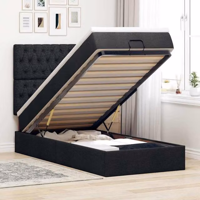 Cama otomana Maison Exclusive con colchón de muelles y base abatible en tela negra, An/P/Al: 90 x 190 x 128 cm