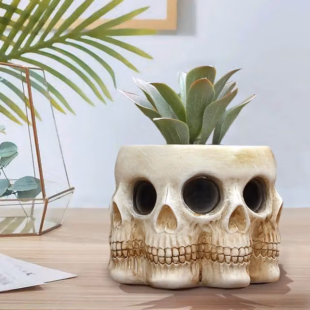 Maceta Calavera Infinite de Resina Color Beige para Decoración de Hogar y Jardín An/P/Al: 12 x 11,8 x 9,5 cm