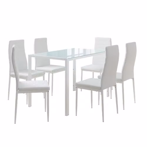 Juego de mesa de comedor Vicco Grand blanco con 6 sillas y superficie de cristal, An/P/Al: 120 x 75 x 70 cm