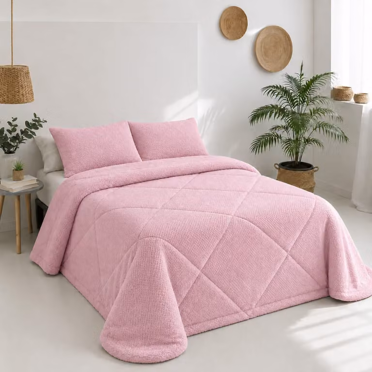 Edredón de microfibra reversible Donegal Collections en color rosa con acabado de borreguito y diseño de diamante para invierno, An/P/Al: 270 x 270 x 3 cm