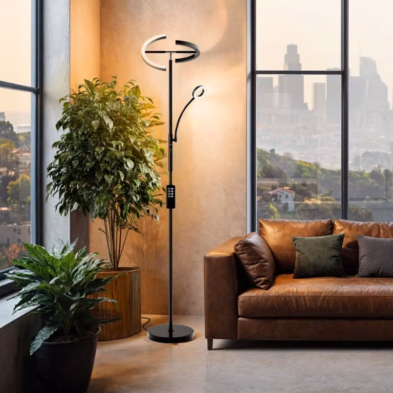 Lámpara de pie LED TecTake negra con mando a distancia y regulación de intensidad, diseño moderno de arco para lectura y salón, Altura: 188 cm