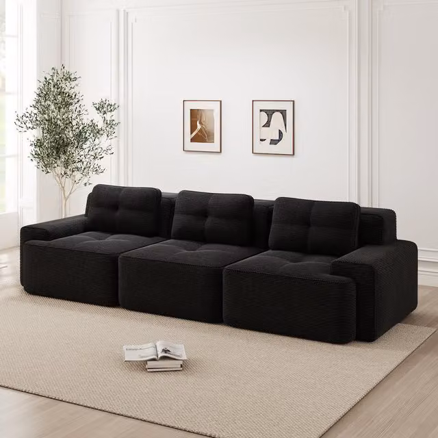 Sofá Modular Cloud KELLANY de 3 Plazas en Pana Negra con Diseño en L y Asiento Profundo para tu Salón