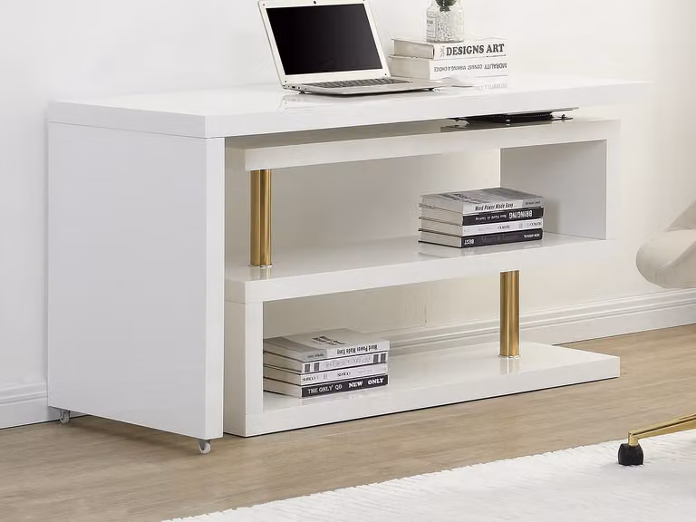 Escritorio de esquina extensible con plataforma giratoria 360 de NICEPHORE II en MDF lacado, color blanco y dorado