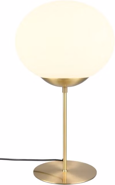 Lámpara de mesa minimalista Trio Leuchten con globo de vidrio blanco y detalles en metal dorado/latón, regulable y con casquillo E27, Altura: 30 cm