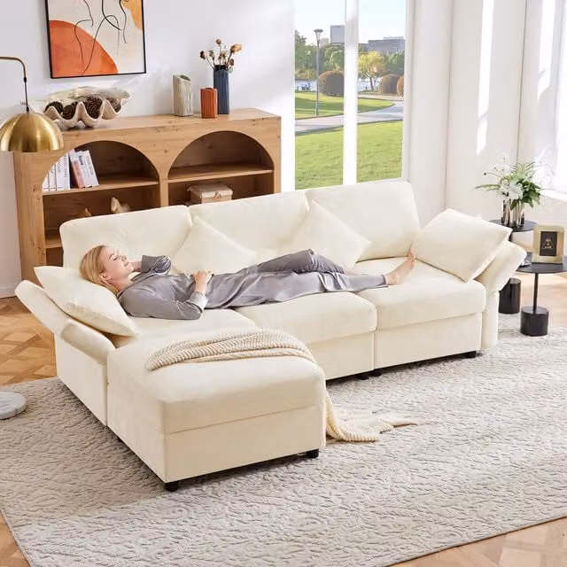 Sofá Esquinero en Forma de L con Otomana KELLANY, Convertible en Sofá Cama de 3 Plazas con 4 Cojines, Tejido de Chenilla en Color Beige y Blanco, An/P/Al: 218 x 156,5 x 86 cm