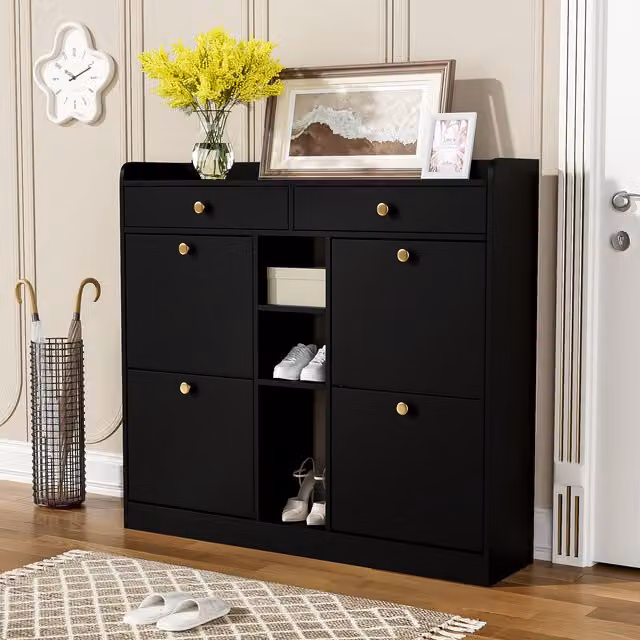 Zapatero Kellany Negro con 4 Puertas Batientes, 2 Cajones y Compartimentos Abiertos para Recibidor, An/P/Al: 110 x 26 x 100 cm