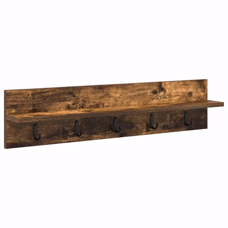Perchero de pared moderno vidaXL en madera de roble ahumado color marrón mate con ganchos distribuidos An/P/Al: 80 x 10,5 x 18 cm