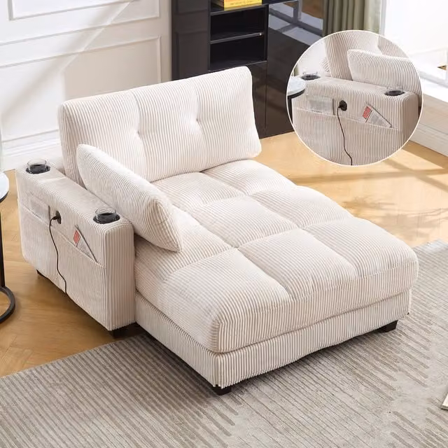 Sillón Palm de KELLANY en color beige con diseño de rayas, reposacabezas, reposabrazos giratorios, tres portavasos y bolsillo lateral, ideal para tu salón o dormitorio