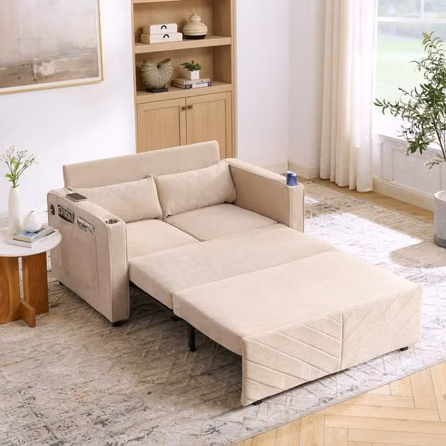 Sofá cama 3 en 1 BEAOK de madera y tela beige con puerto USB y apertura deslizante para 2 plazas, 140 x 200 cm