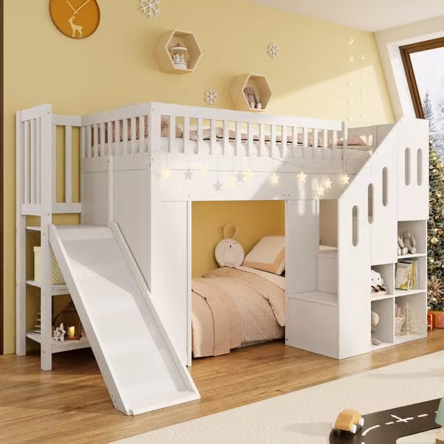 Cama alta infantil MODENVIE con tobogán, escalera con almacenamiento y luz LED, fabricada en madera de pino y MDF, color blanco, An/P/Al: 90 x 200 cm