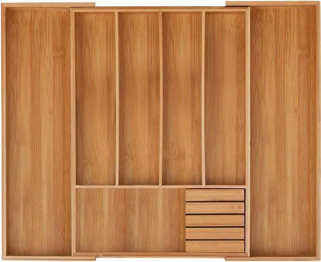 Cubertero extensible de bambú y MDF Relaxdays, organizador de cubiertos para cajón con compartimentos, color marrón natural, An/P/Al: 55 x 44,5 x 5 cm