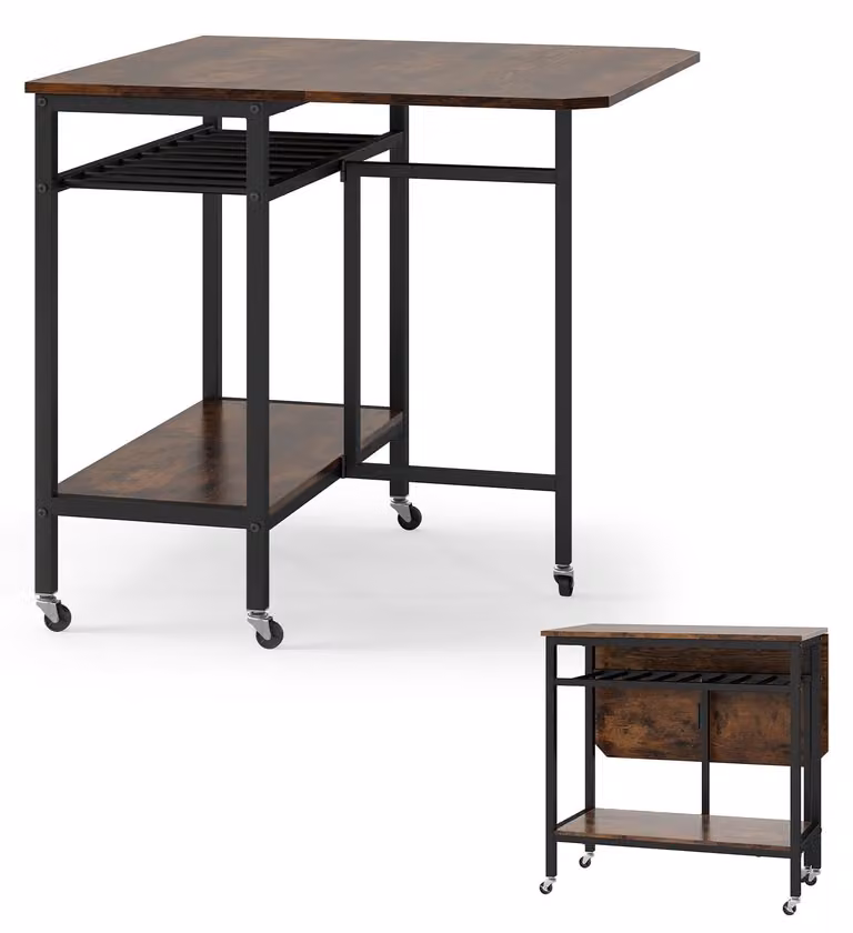 Mesa plegable Northix de estilo rústico con ruedas y soporte para botellas en color marrón y negro