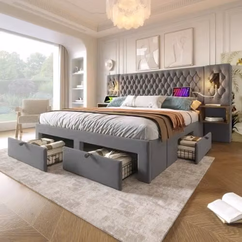 Cama con canapé OKWISH de 180x200 cm en terciopelo gris con 4 cajones, mesitas de noche, lámparas de lectura integradas y puertos USB