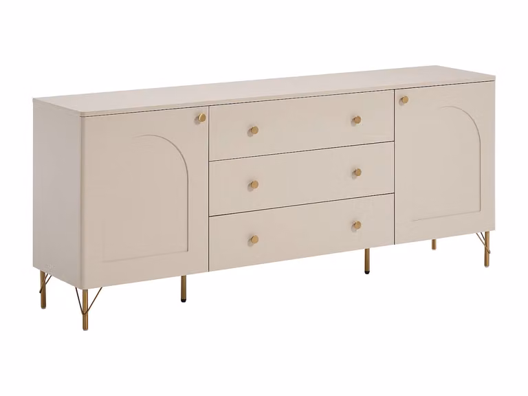 Aparador moderno ALOBARA con 2 puertas y 3 cajones soft close en beige y dorado An/P/Al: 180 x 40 x 75 cm