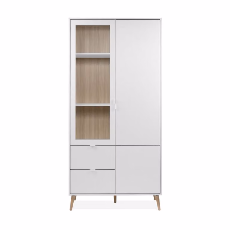 Vitrina Calicosy de 2 puertas con cristal en blanco y roble, Altura: 190 cm