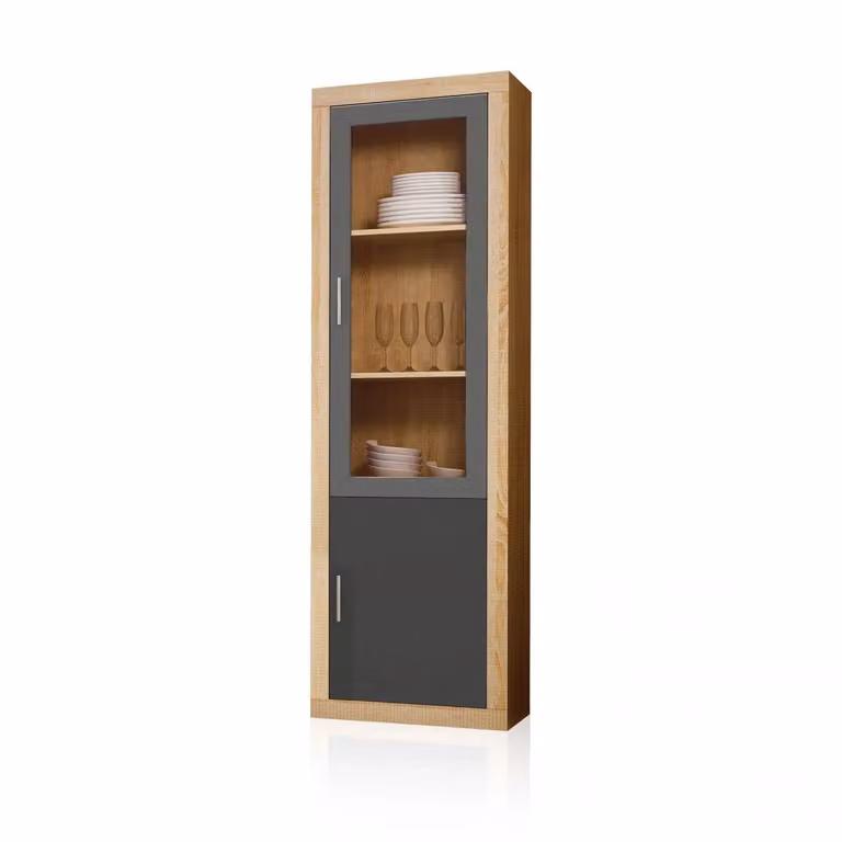 Vitrina alta de salón Duehome con puertas de cristal y estantes internos, Altura: 193,2 cm