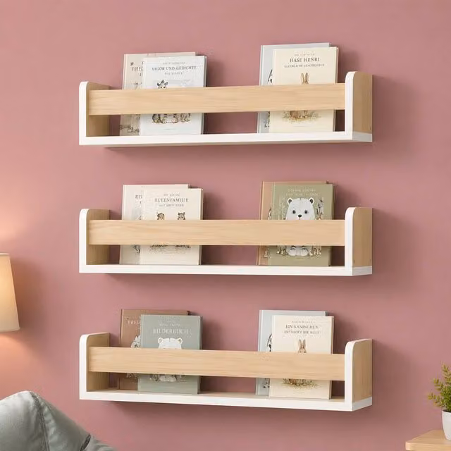 Set de 3 estanterías infantiles de pared Relaxdays en madera MDF, color blanco y natural, An/Al/P: 58 x 10 x 12 cm