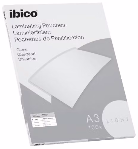Carteras de plastificar Ibico Basics A3 Light de 80 micras con acabado brillante y esquinas redondeadas, caja de 100 unidades, color transparente