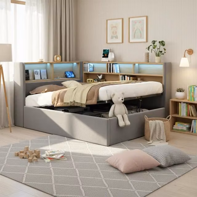 Cama individual Modenvie tapizada en terciopelo gris con arcón hidráulico, iluminación LED, puerto USB y estantes abiertos, An/P/Al: 90 x 200 cm