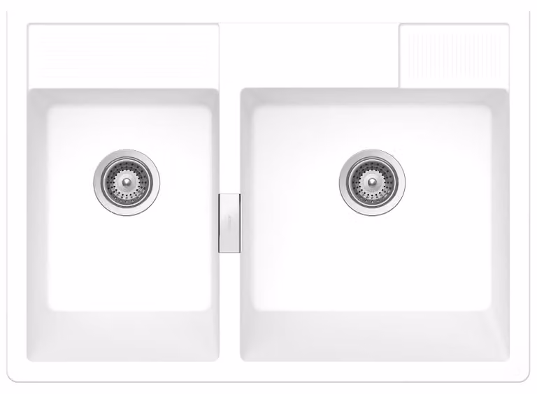 Fregadero de cocina Schock Kallio M-175 Day de granito compuesto blanco, modelo de encimera con 1,5 cubetas, An/P: 89,8 x 63 cm