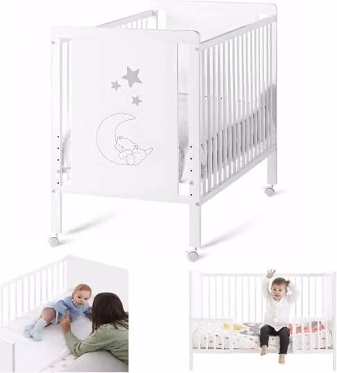 Cuna de colecho Indi con kit de colecho y kit para convertir en cama de madera de haya en color blanco