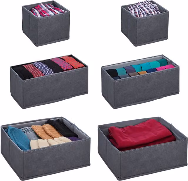 Set de 6 organizadores de cajones plegables Relaxdays en gris para armario y dormitorio, con 3 tamaños: 12 x 14 x 14 cm, 12 x 14 x 28 cm y 12 x 28 x 28 cm