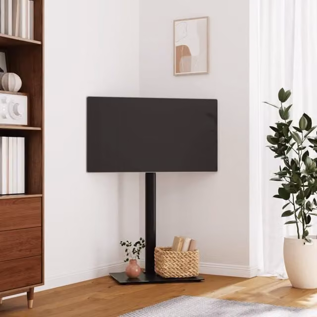Mueble de TV de esquina vidaxl para pantallas de 32 a 65 pulgadas en color negro con estructura de metal y cristal, An/P/Al: 128,5 x 66 x 38 cm