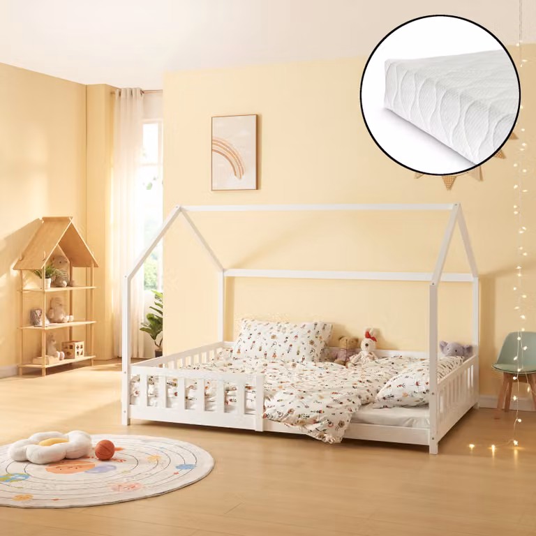 Cama infantil Hesel de en.casa en madera maciza con estructura de casa, color blanco, An/P/Al: 200 x 120 x 140 cm
