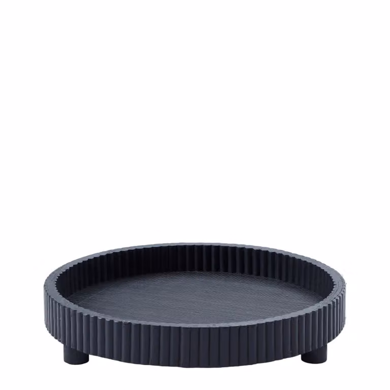 Bandeja decorativa redonda moderna Sia Deco de madera en color negro, Diámetro: 30,5 cm, Altura: 6 cm