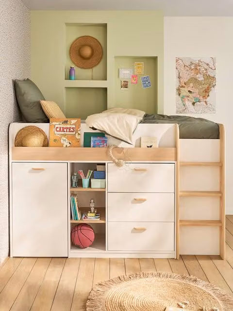 Cama de media altura con escritorio integrado VERTBAUDET para niños en color blanco y madera de pino, An/P/Al: 90 x 190 x 193.8 cm