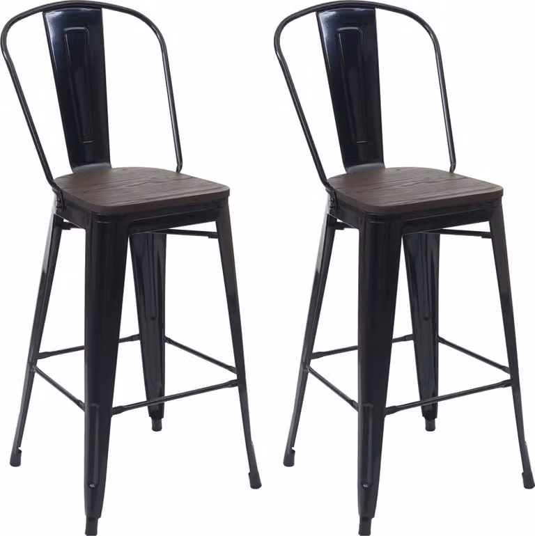 Juego de 2 taburetes de bar Mendler HWC-A73 con asiento de madera de olmo y estructura de metal en color negro y marrón con diseño industrial