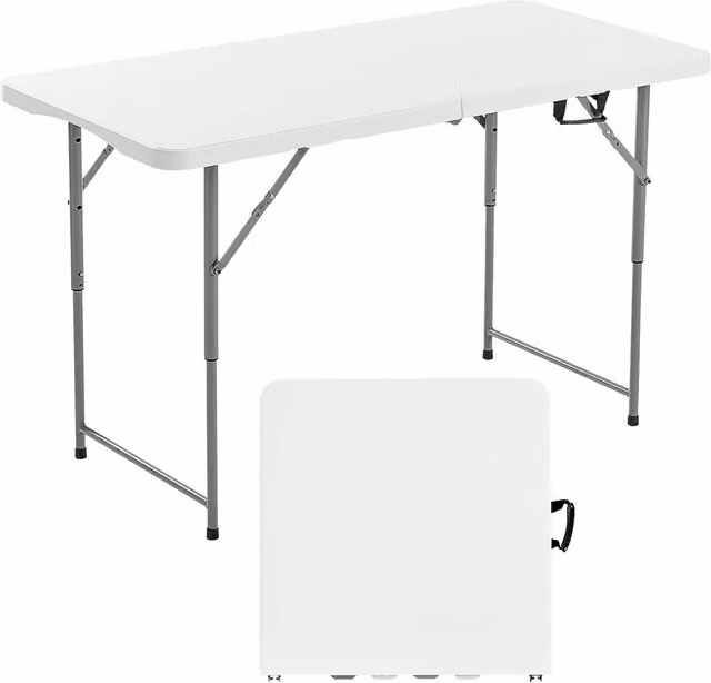 Mesa plegable Vevor de plástico blanca con altura ajustable para camping y picnic, An: 122 cm, P: 76 cm, Al: 71-76 cm
