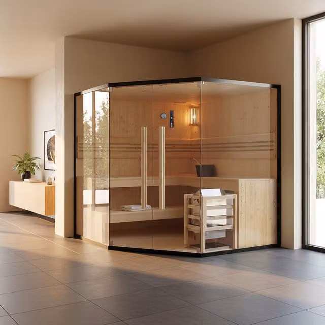 Sauna tradicional Home Deluxe SHADOW XL BIG de madera de abeto para 6 personas, color marrón y negro, An/P/Al: 200 x 200 x 200 cm