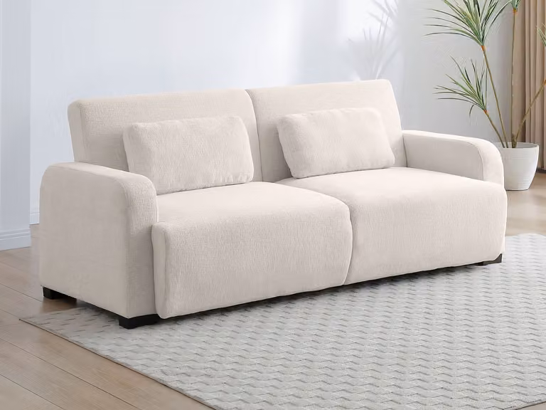 Sofá cama clic-clac de 3 plazas LOMARIO en tejido beige con estructura de madera sólida y cojines incluidos