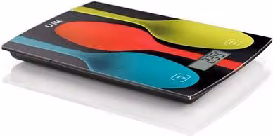 Balanza electrónica de cocina Laica La297 negra con cucharas multicolor y pantalla digital de 5 kg