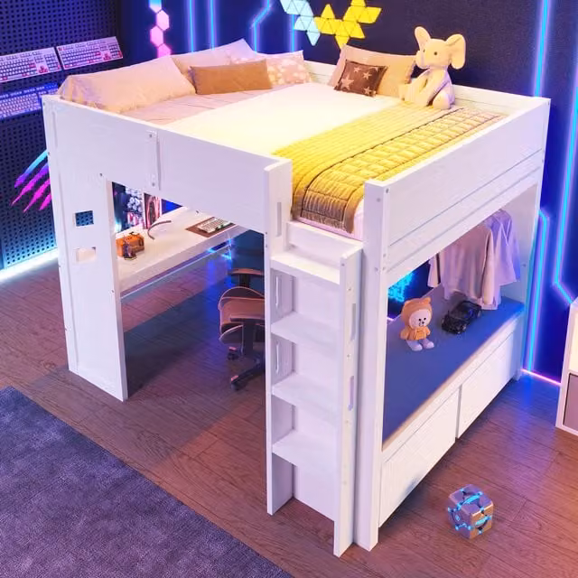 Cama alta individual MODENVIE con escritorio, iluminación LED, puerto USB y cajones, color blanco, An/P/Al: 200 x 140 x 151 cm