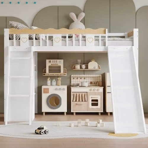Cama alta infantil OKWISH con tobogán, armario y estantes, diseño escandinavo en madera y MDF, color blanco y beige, An/P/Al: 200 x 90 x 231,5 cm